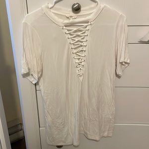 soft white tee with criss-cross neck in medium
